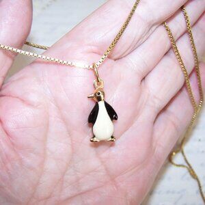 European 9K Gold Black White Enamel Penguin Pendant